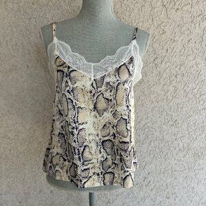 Satin Snake Print Lace Trim Cami Tank Top With Adjustable Straps - Medium